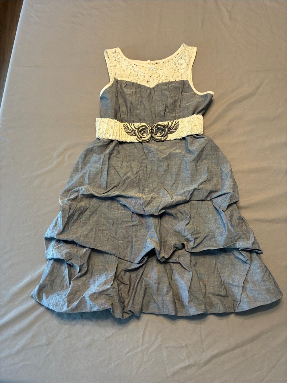 My Michelle Chambray Blue Tiered Dress with Cream Lace Yoke and Belt
